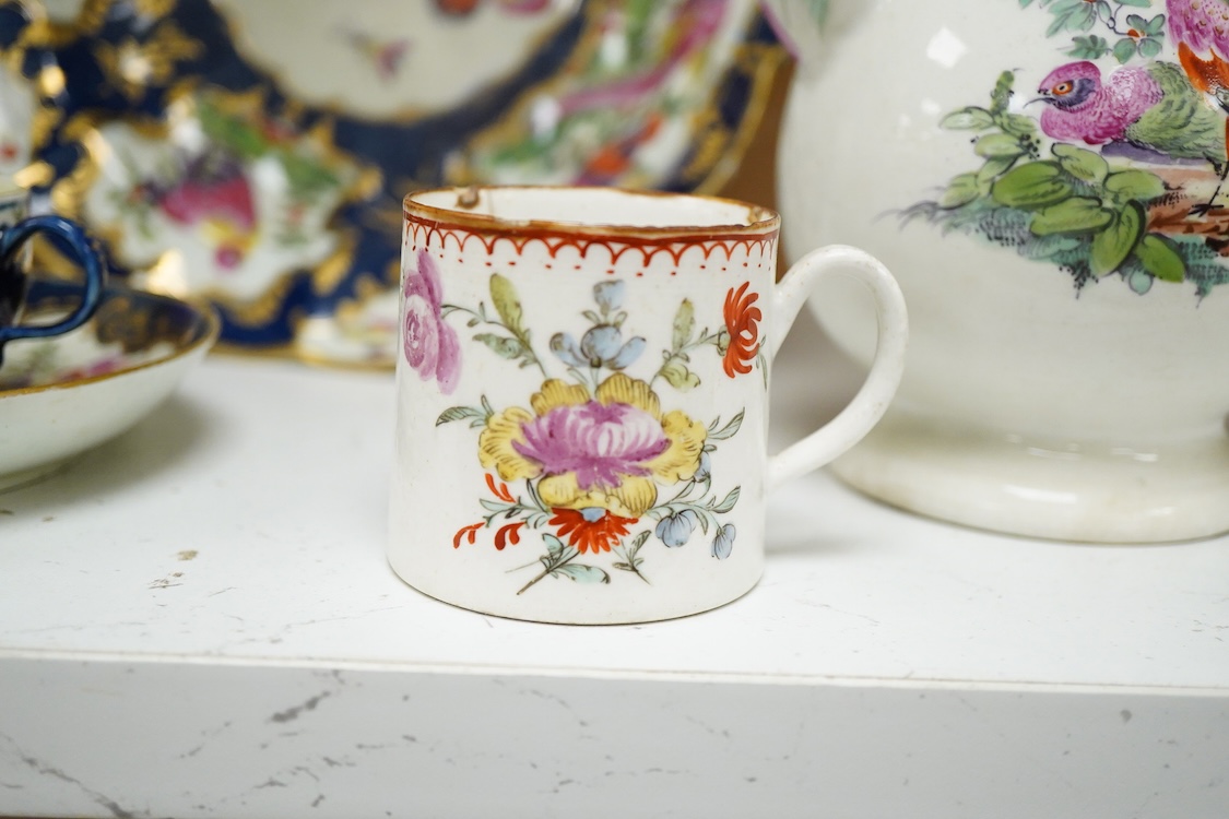 A Derby fantastic birds painted coffee pot, c.1760-65, 24cm high, a Bow porcelain teapot and similar coffee can, c.1770